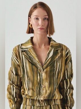 Anthropologie EXQUISE Open Collar Striped Green-Brown Jacket